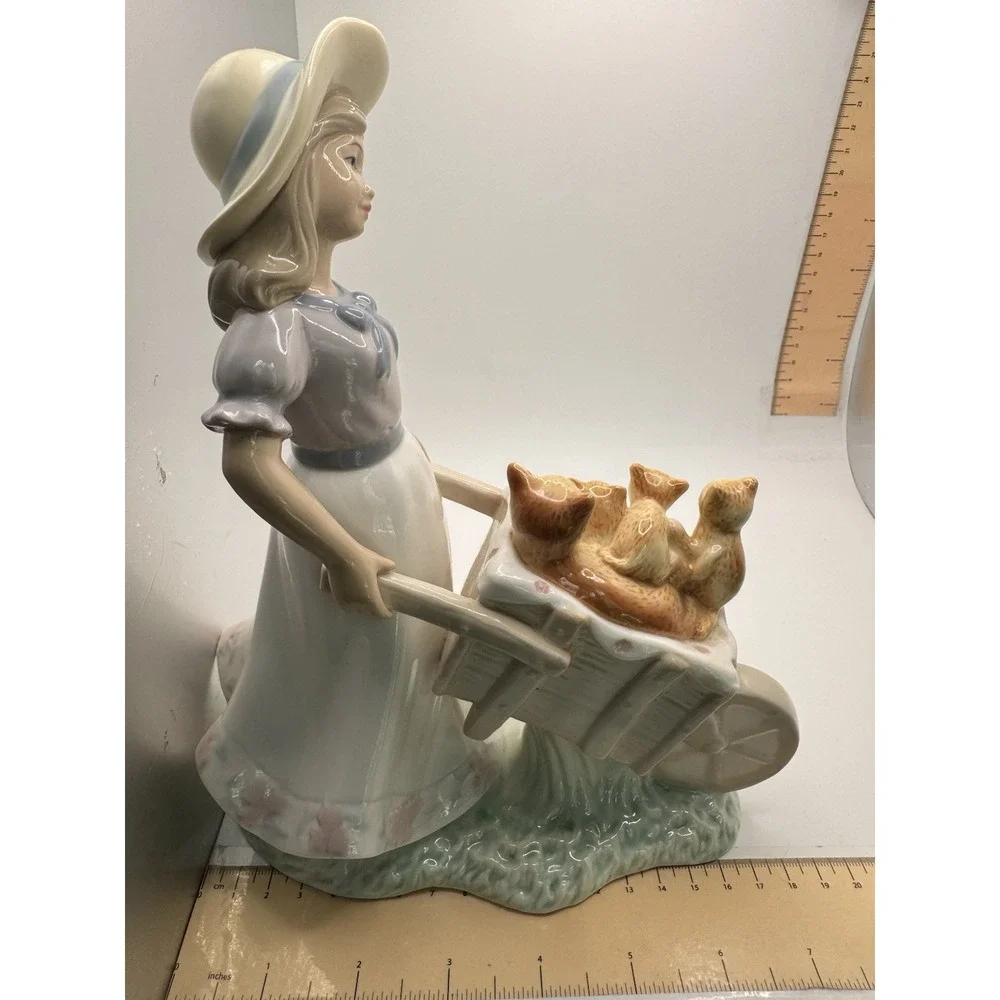 Porcelain Young Woman Girl Wheel Barrel of Kittens Cats 9